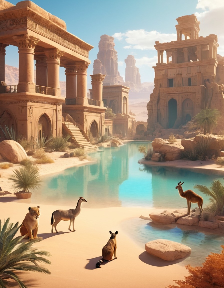 surreal, desert oasis, talking animals, ancient ruins, fantastic