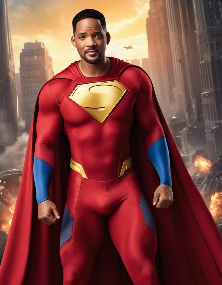 will smith, superhero, exaggerated, comical, muscles, cape, fat