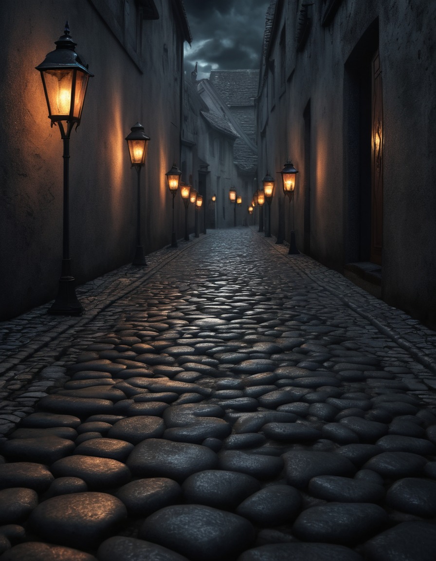 cobblestone street, lanterns, shadows, mysterious figures, gothic, underground, dark