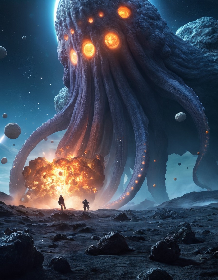 space, asteroid field, space creature, tentacles