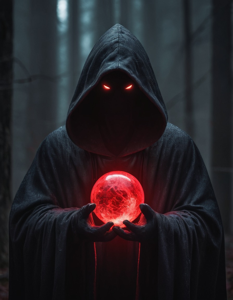 fantasy, dark, mysterious, hooded figure, glowing orb, gothic, underground