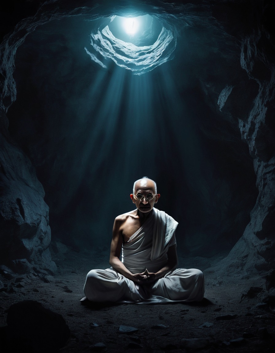 mahatma gandhi, meditation, underground cavern, spiritual leader