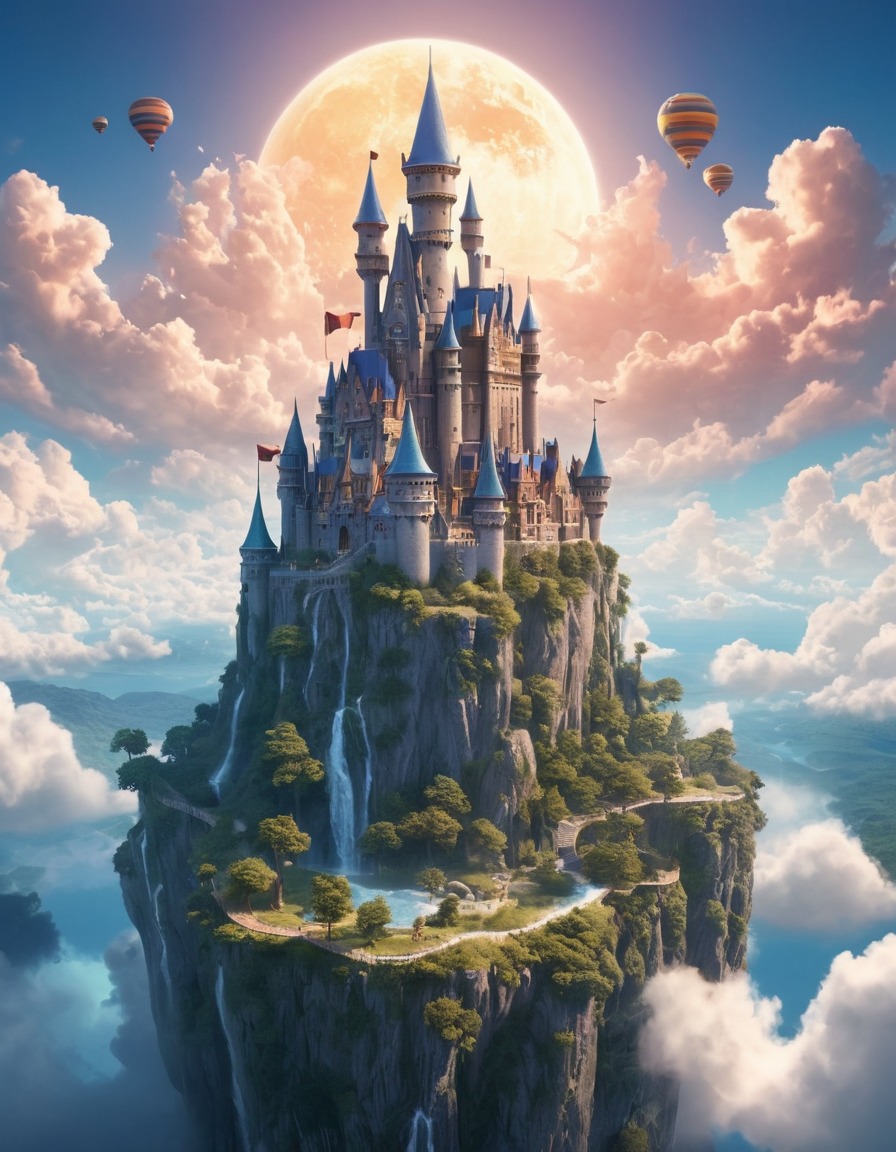 castle, sky, clouds, mythical creatures, fantastic