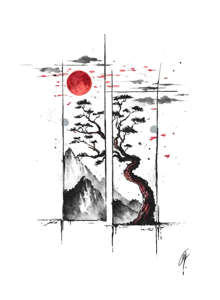 artwork, blackandred, creative, detailed, greekart, handdrawn, illustration, japan, japaneseart, micronpen, mountains, painting, seion, sumie, sumiink, sun, traditionalart, tree, pigmamicron, artoftheday, greekartist, art, sumieart, thessalonikiart