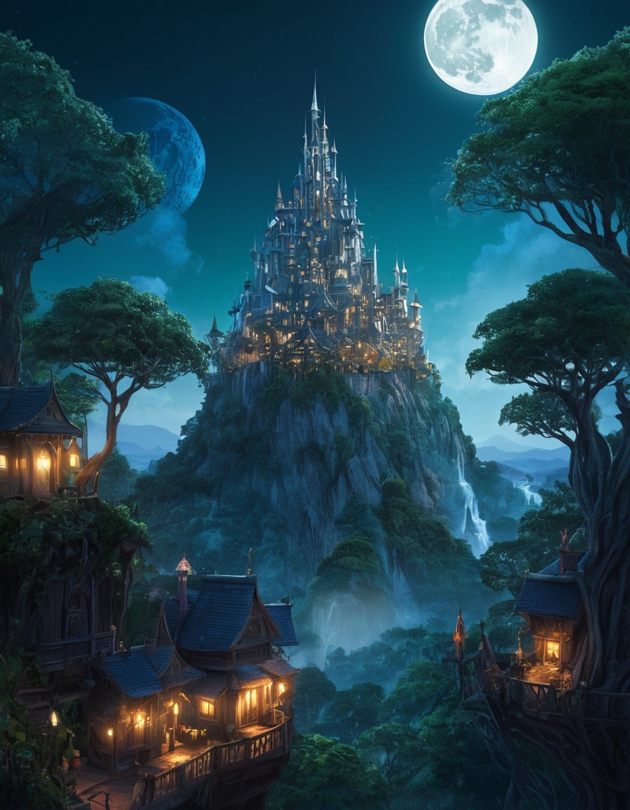 fantasy, elf, city, treetops, moonlight, john tolkien, tolkien