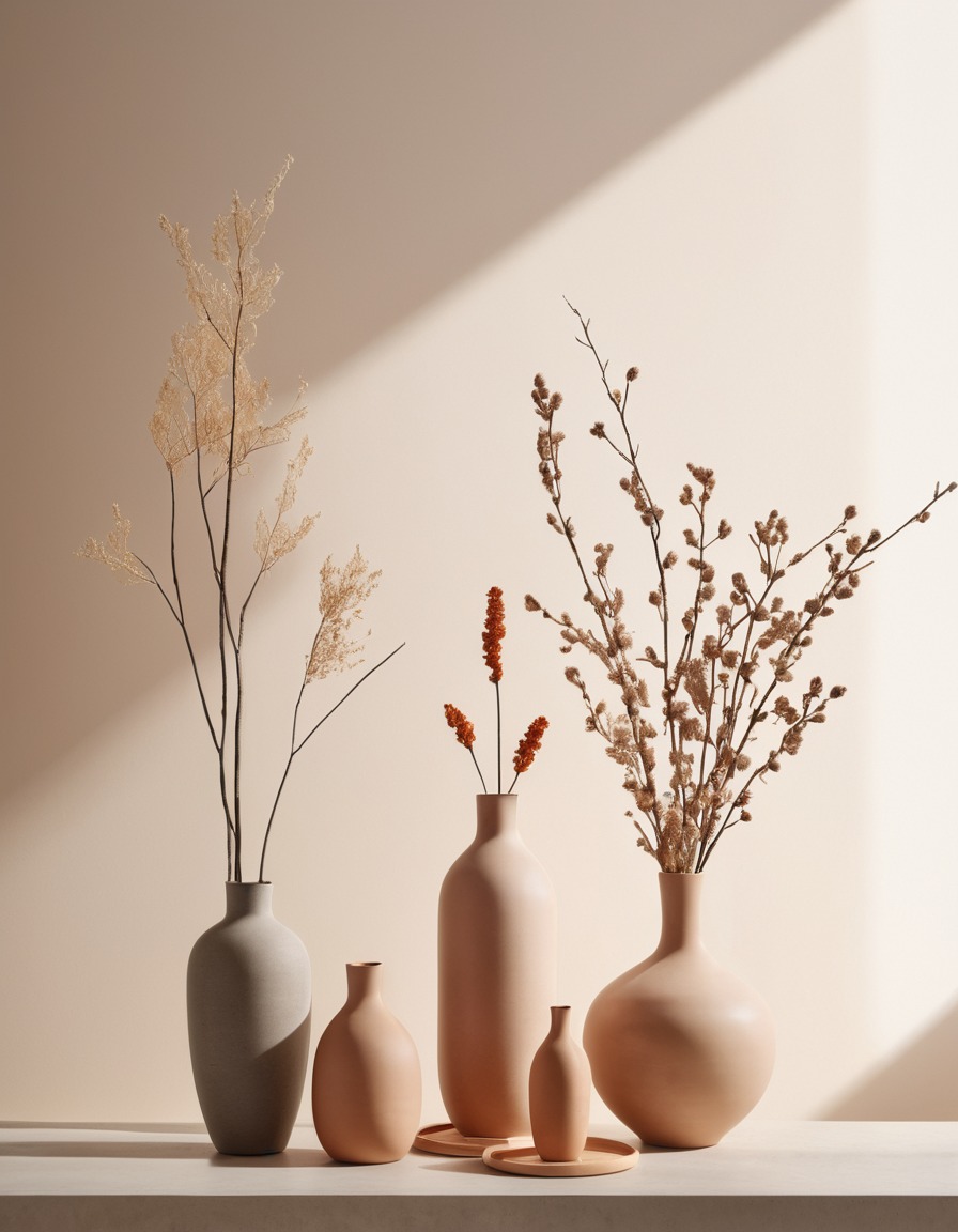 ceramic vases, dried botanicals, still life, minimalist, natural light, home decor