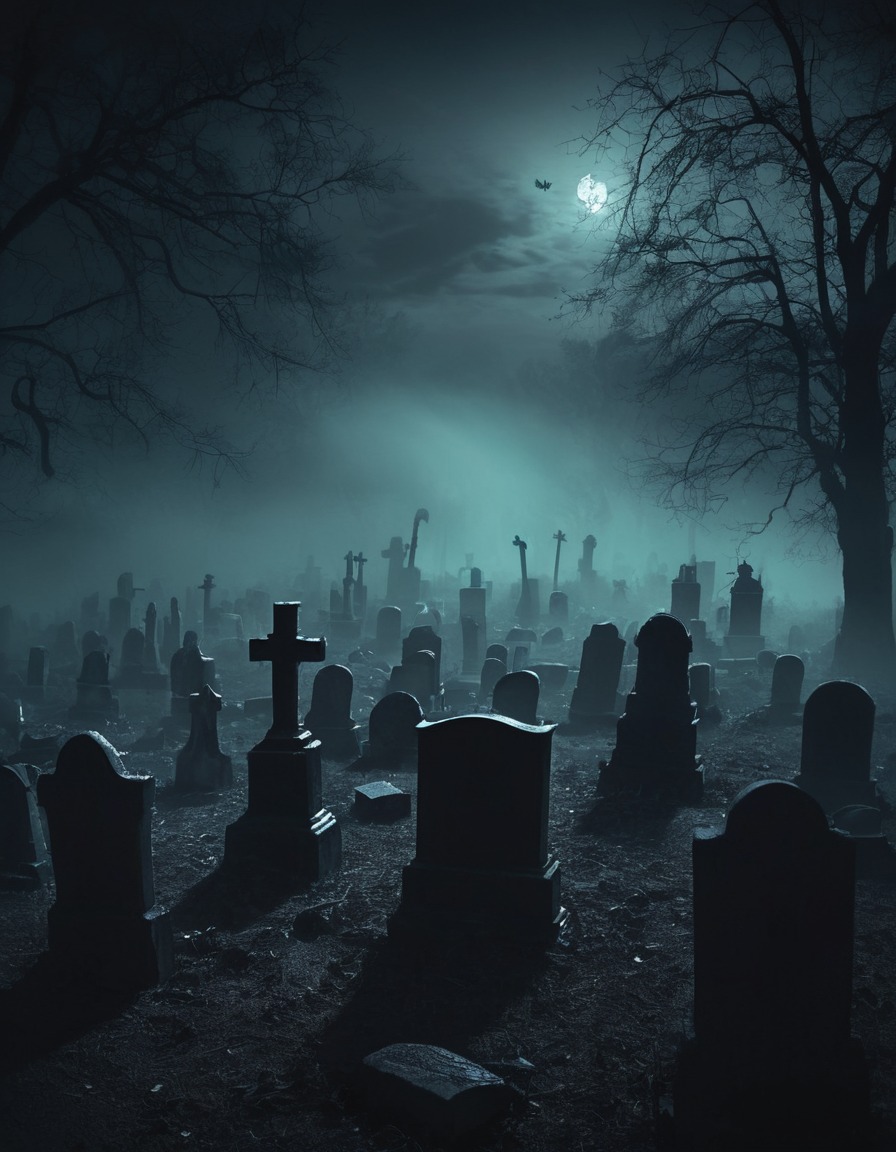 graveyard, night, shadowy figures, mist, gothic, underground, dark