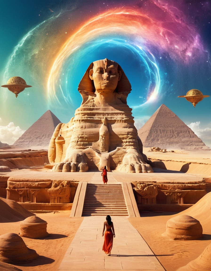 sphinx, surreal, landscape, mystical symbols