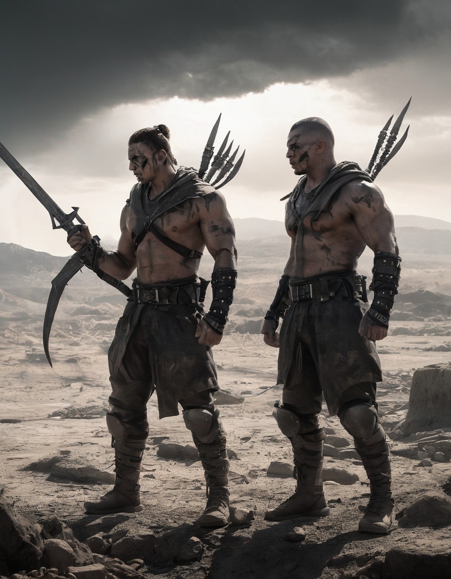 warrior, showdown, makeshift weapons, dystopian landscape, battle, confrontation, mad max