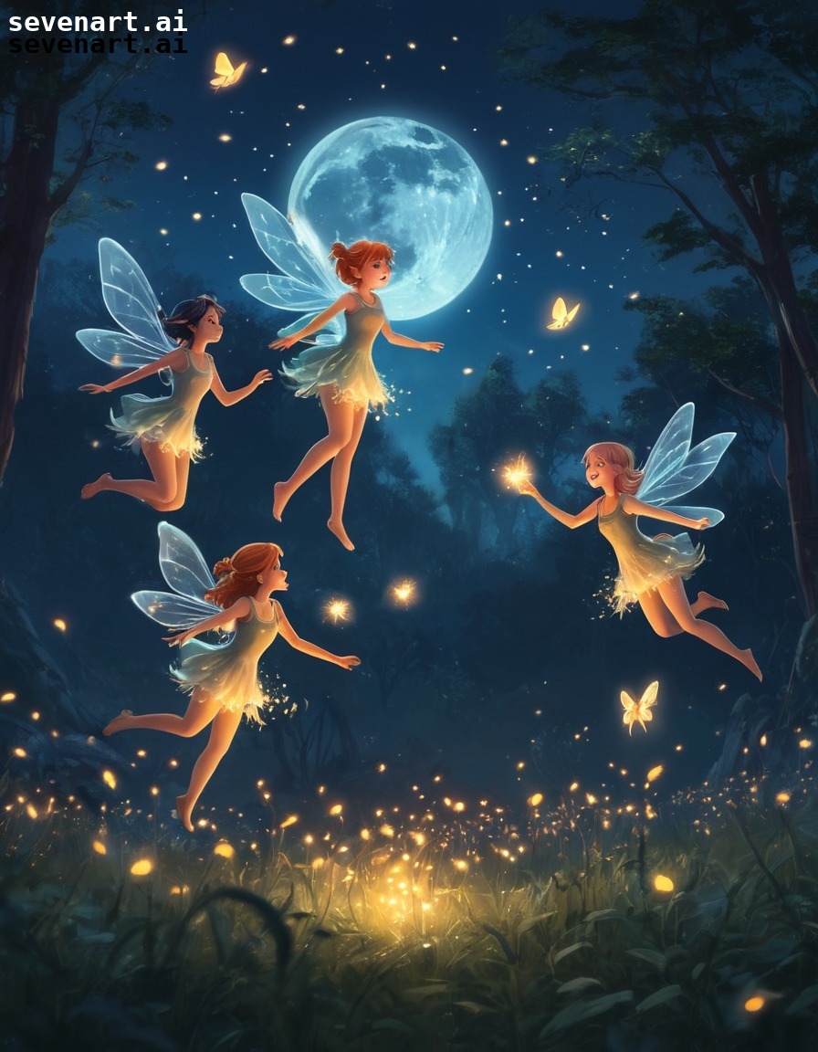 fairies, moonlit, meadow, fireflies, enchanting, fantasy