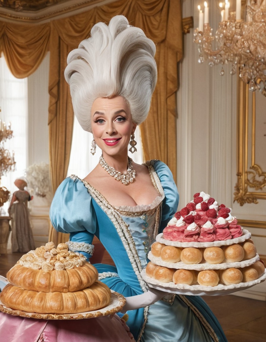 marie antoinette, caricature, humorous, oversized clothing, extravagant, large pastry, funny