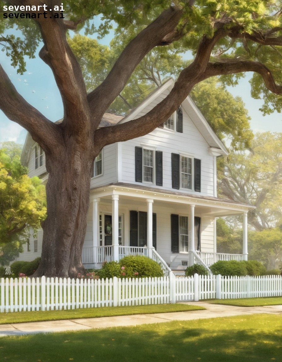 house, picket fence, swing, oak tree, front yard, home