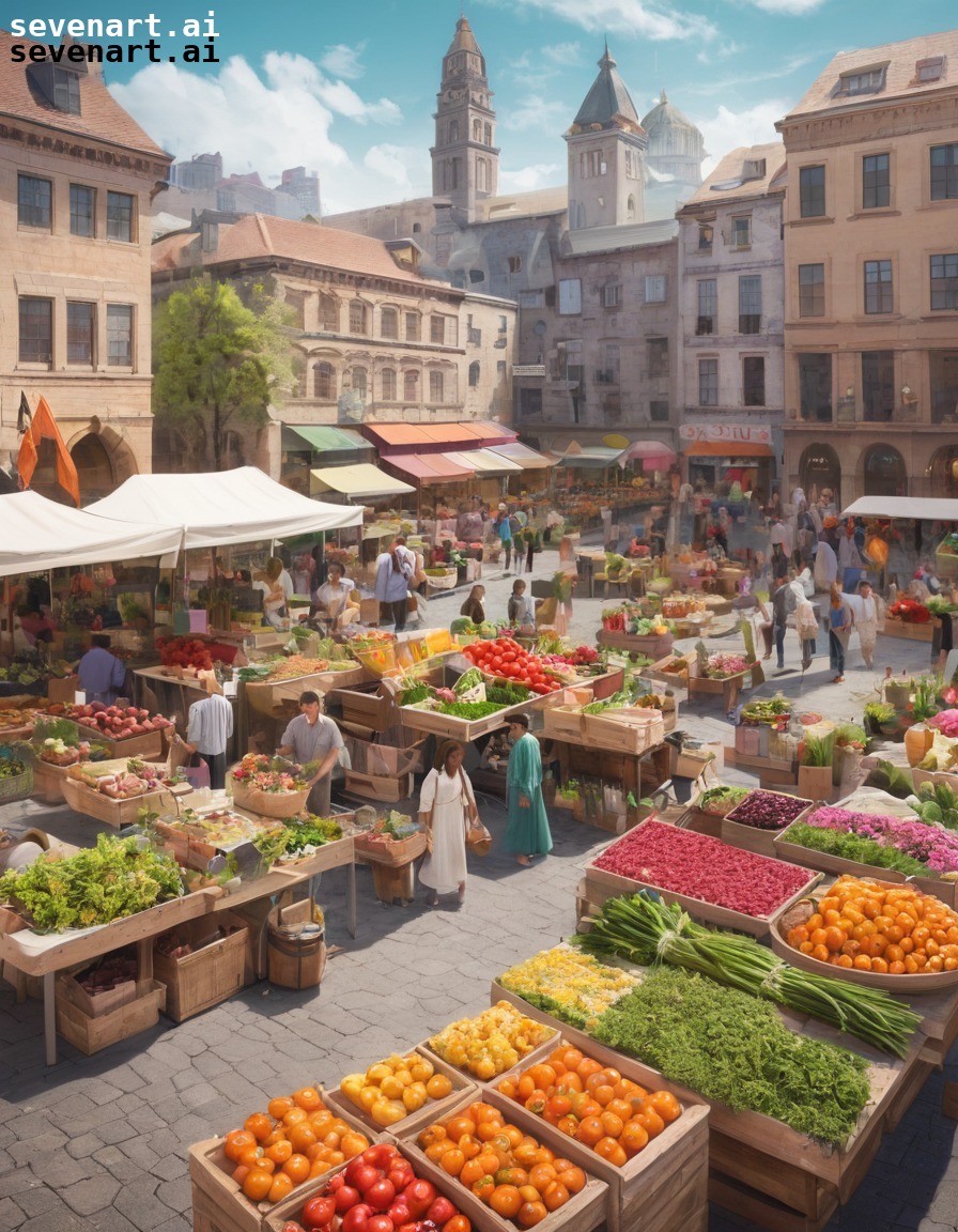 city, plaza, outdoor market, vendors, fresh produce, modern city