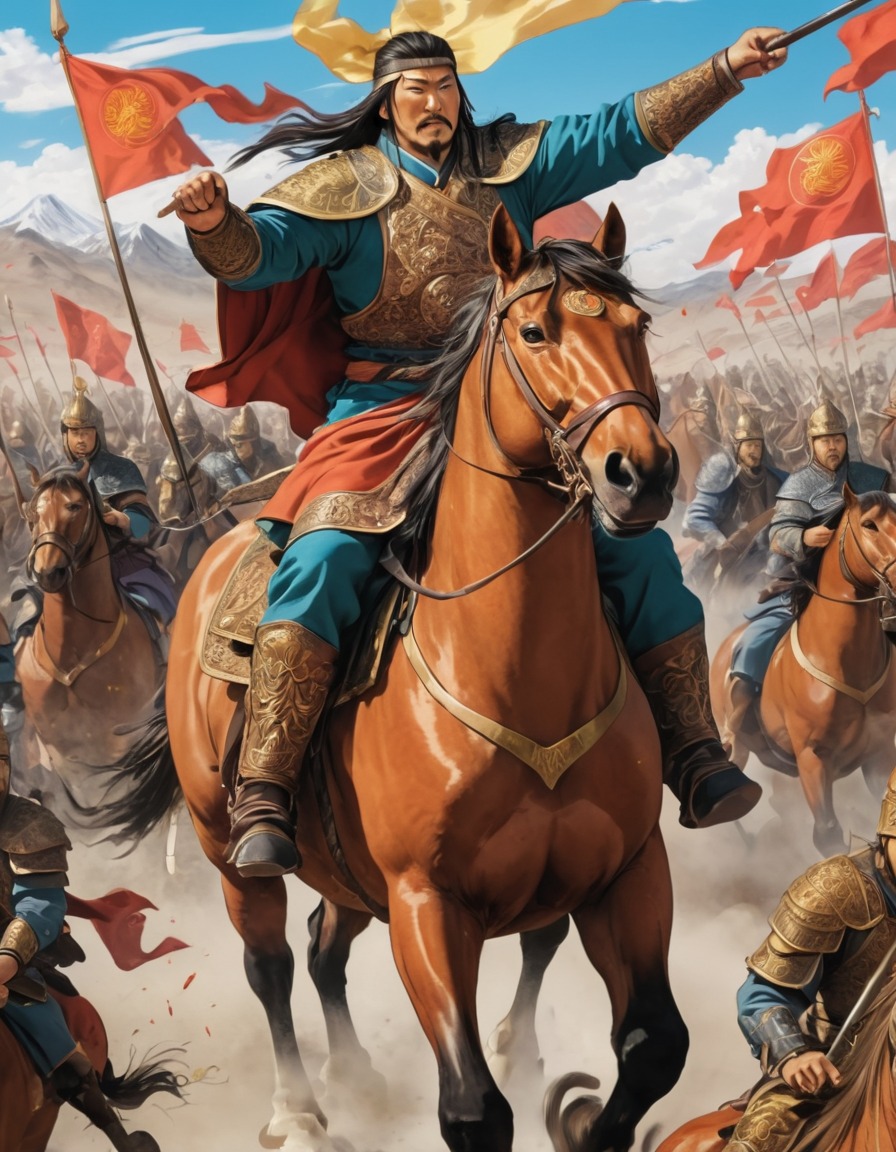 genghis khan, portrait, horseback, army, battle, leadership, anime