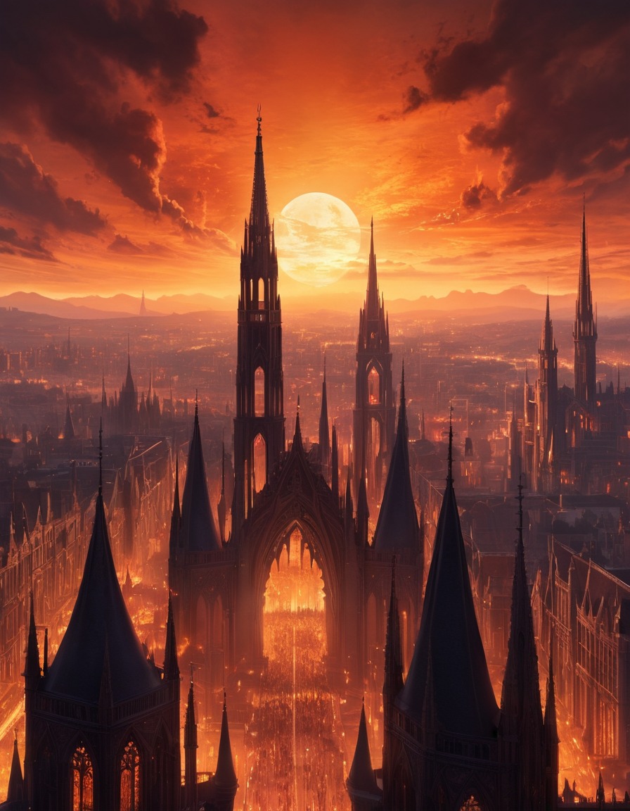 gothic architecture, spires, arches, cityscape, sunset, architecture