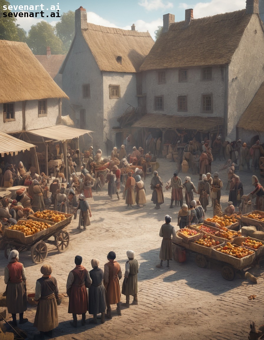 peasants, village square, harvest festival, community gathering, rural life, middle ages