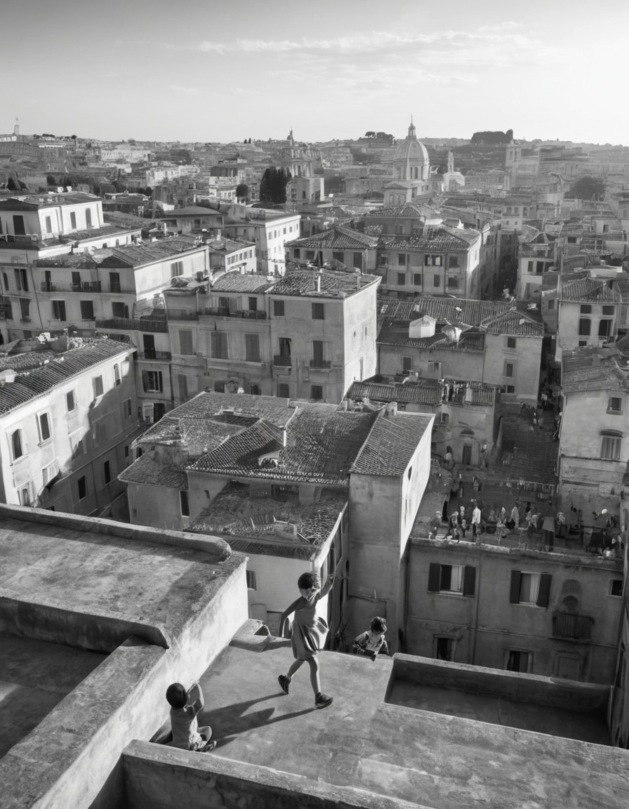 movie, roma (2018), black and white, children, rooftop, play, childhood, movies