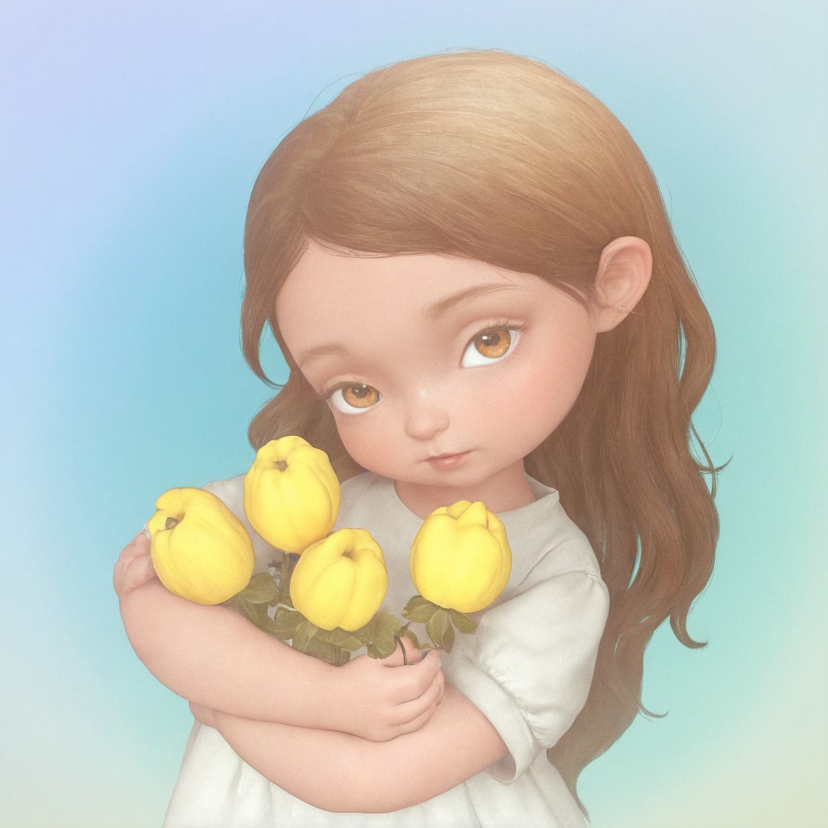 cute, flowers, girl, spring, tulips, yellow, little