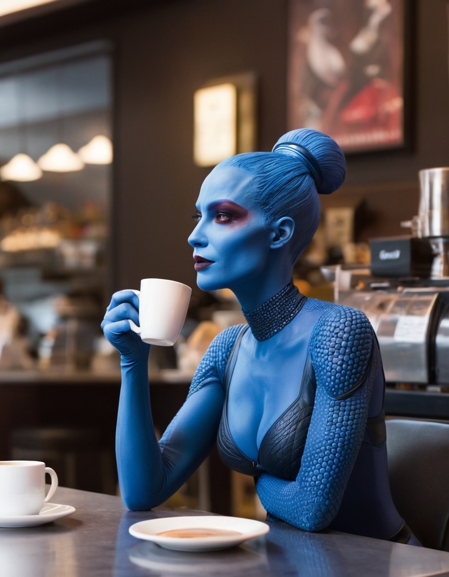 sci-fi, character, grocery shopping, mystique, café, superhero, superheroine, bikini