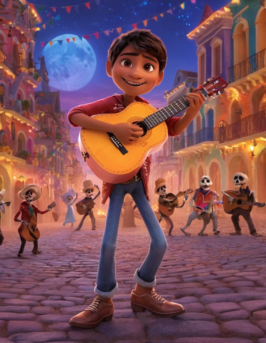 coco, miguel, land of the dead, guitar, plaza, animation, movies