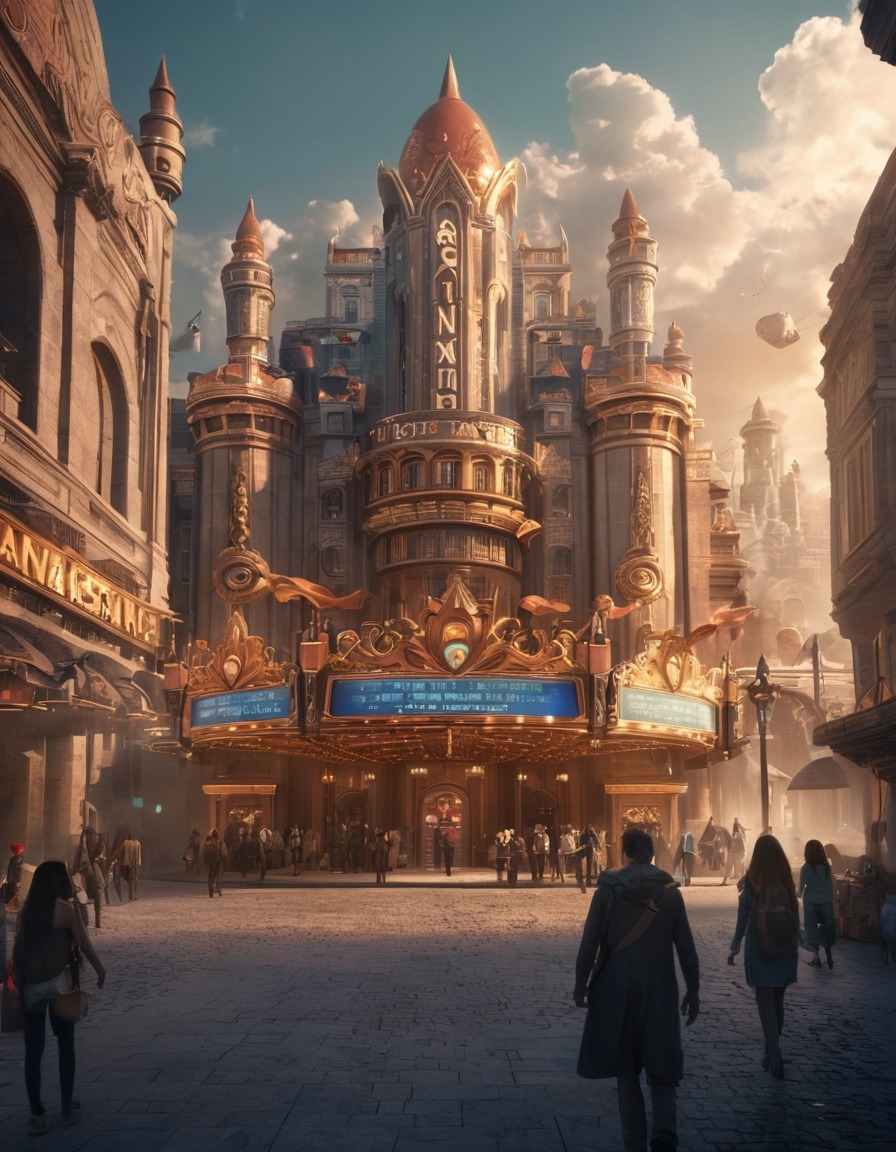 fantasy, movie theater, city, fictional creatures, fantastic, cinema