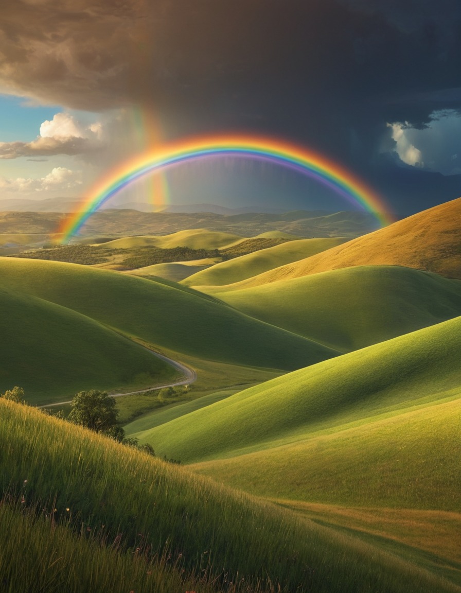 nature, landscape, rainbow, colorful, hills