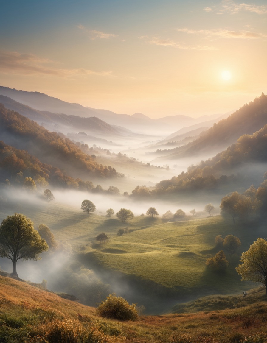 nature, misty valley, serene, early morning, foggy landscape