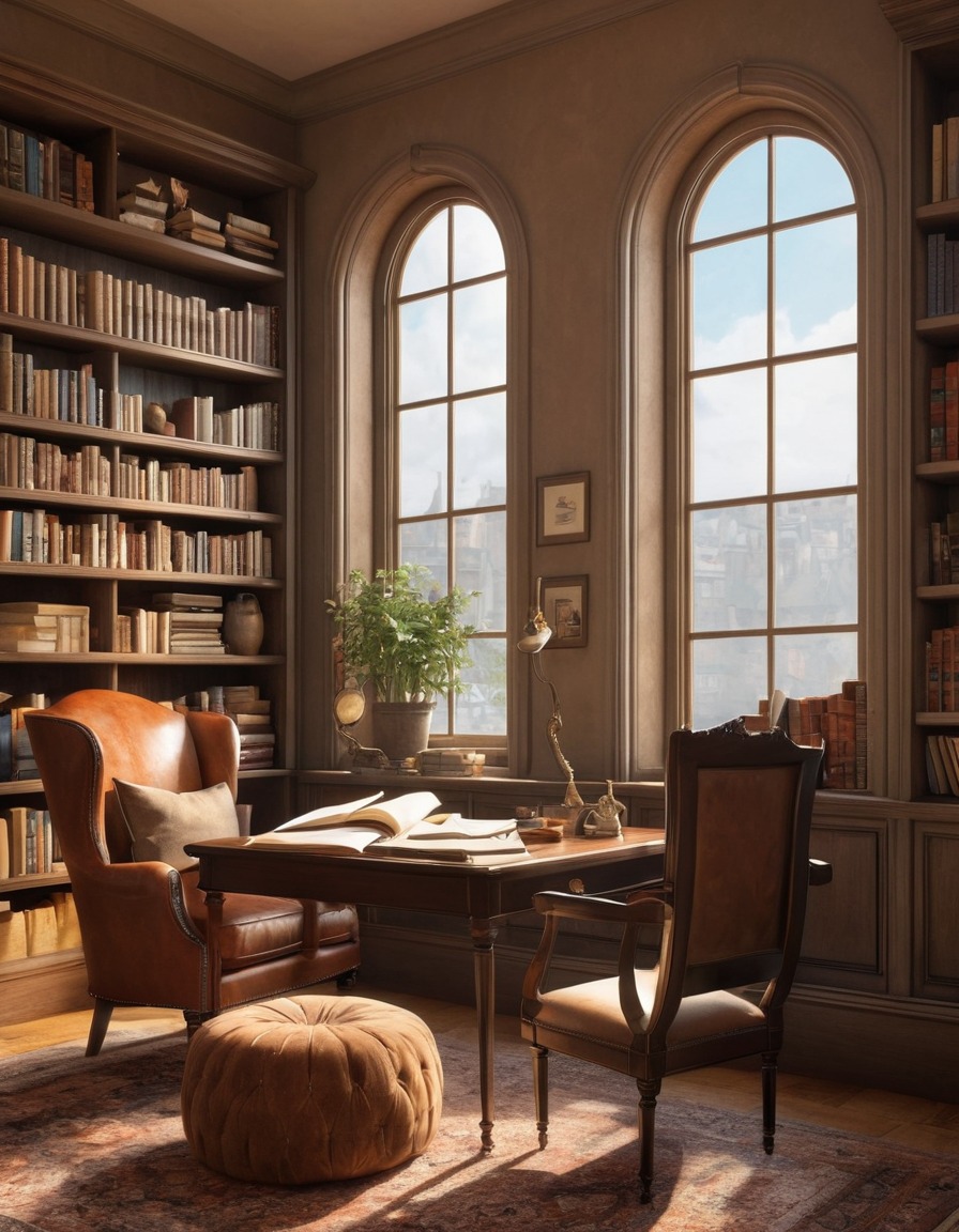 study room, bookshelves, desk, clutter, armchair, window view, home, interior