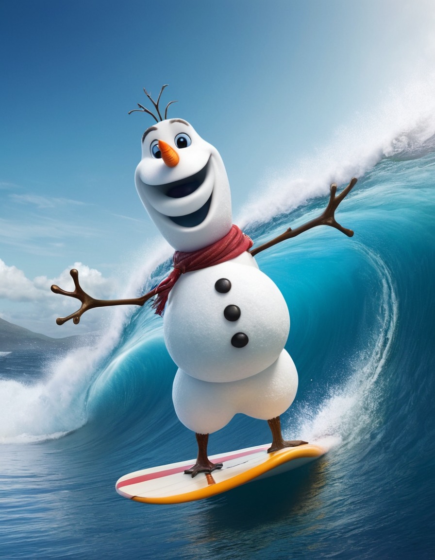 snowman, surfing, ocean, strange, winter, water, beach