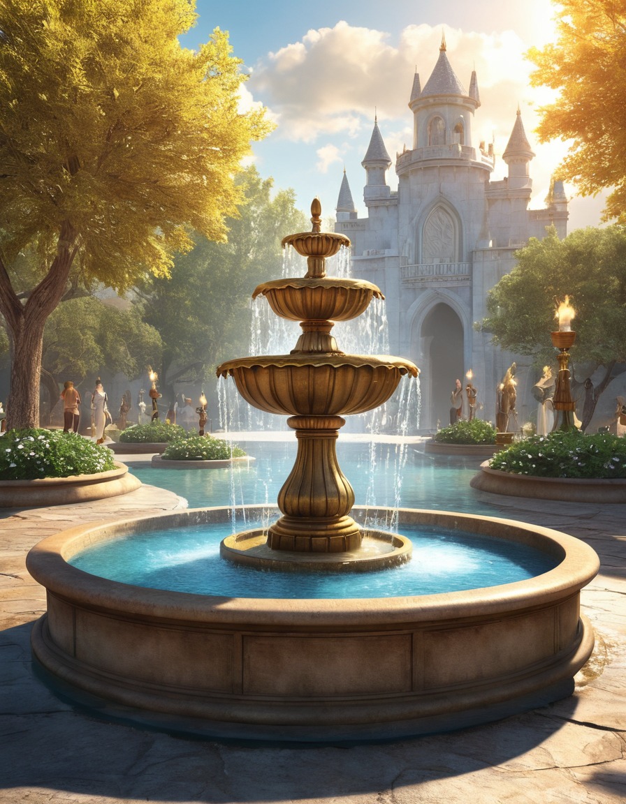 magical fountain, wishes granted, coin toss, fantasy, magic, legendary location