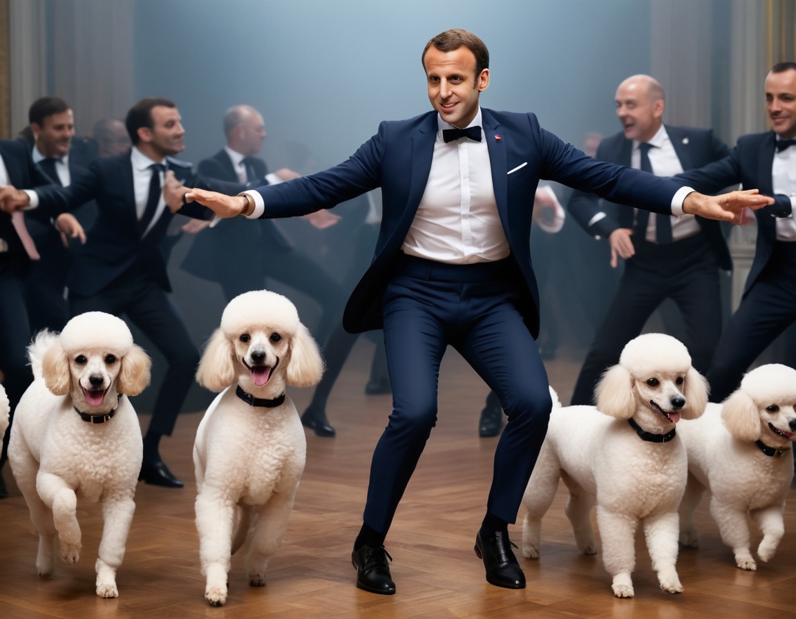 emmanuel macron, can-can dance, french poodles, humor, entertainment, france