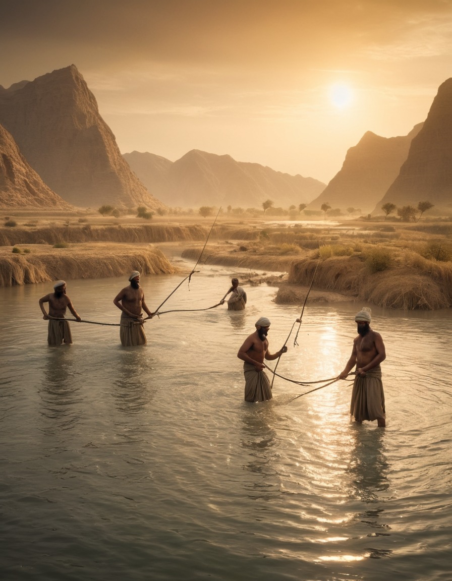 ancient civilization, mesopotamia, fishermen, fishing techniques, nets, river, 4000 bc