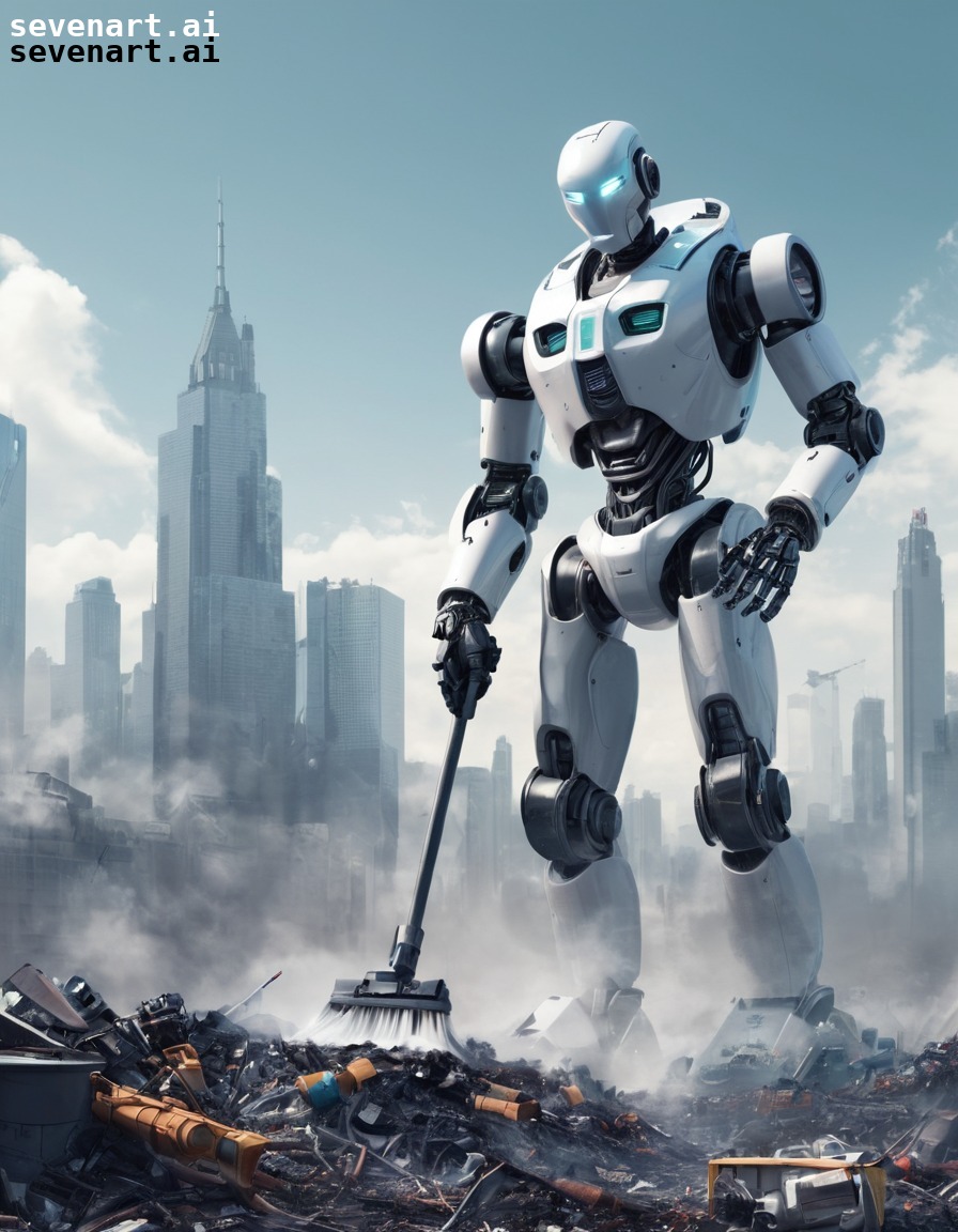 futuristic, robot, cleaning, polluted, city skyline, robots