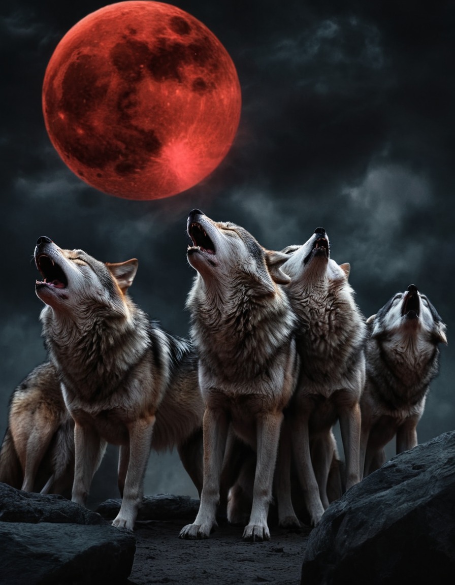 wolves, blood moon, mystical, nature, night, animals