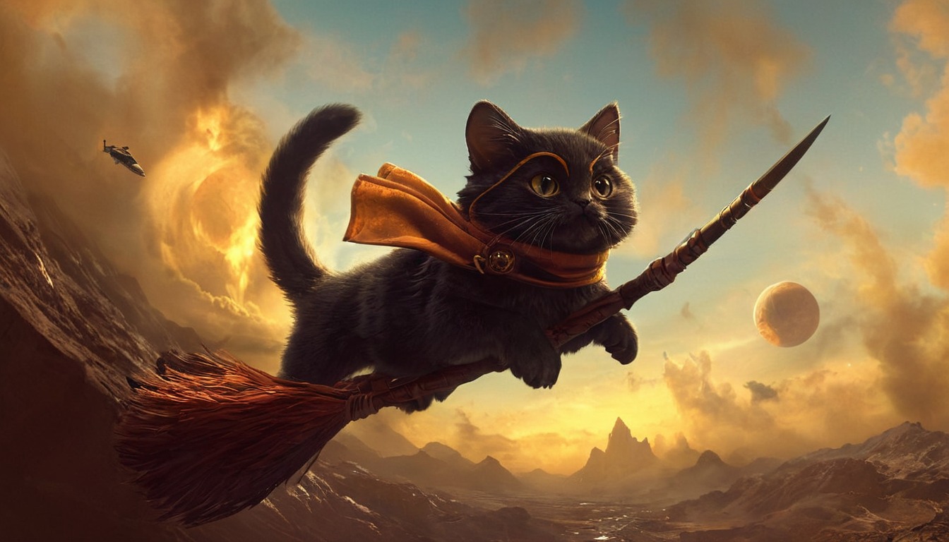 cat, digitalart, flying, digitalpainting, feline, kitty, harrypotter, quidditch, tournament, dailychallenge, aiartcommunity, midjourney, midjourneyai, midjourneyart, midjourneyartwork, midjourneyaiart, midjourneycommunity