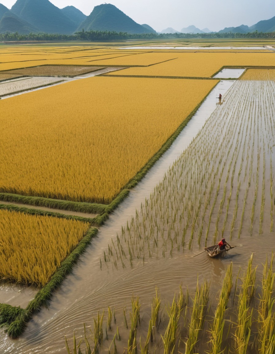 ancient china, farmers, harvesting, rice, flooded fields, agriculture, history