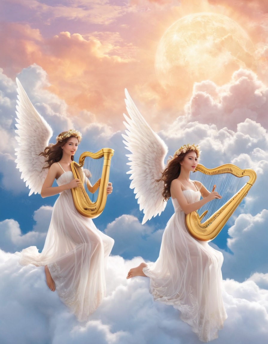 heaven, angels, harps, clouds