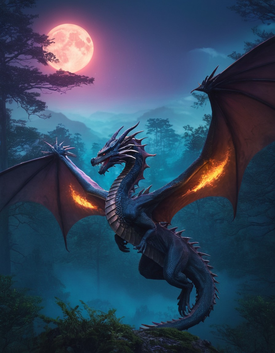 fantasy, dragon, forest, twilight, majestic