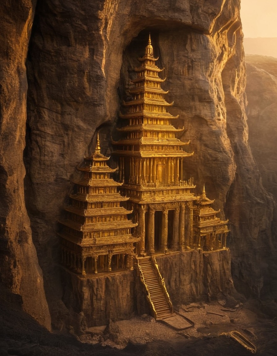 mystical, temple, cliff face, golden light