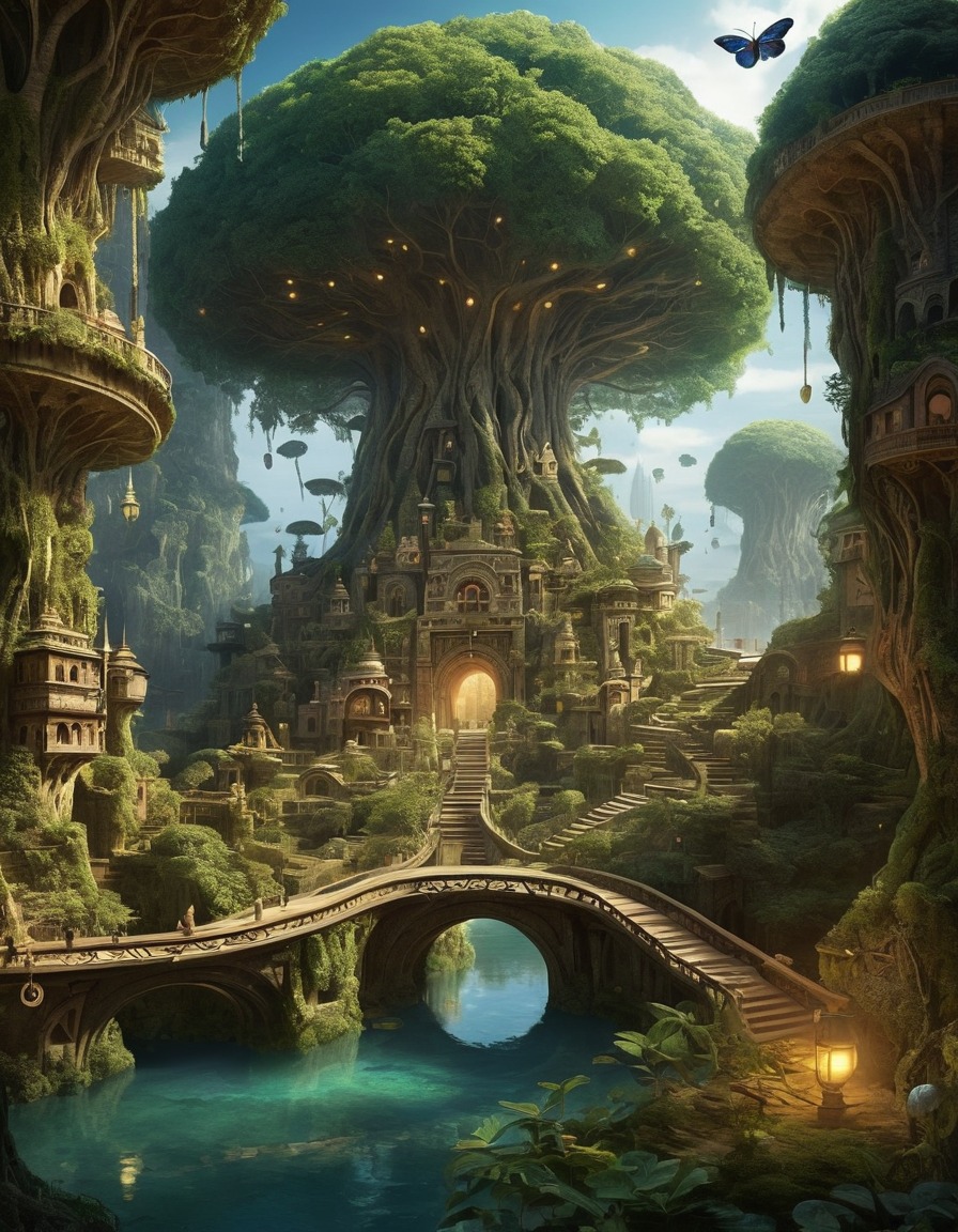 tree city, insect-like, labyrinthine, tunnels, fantasy world, fantastic