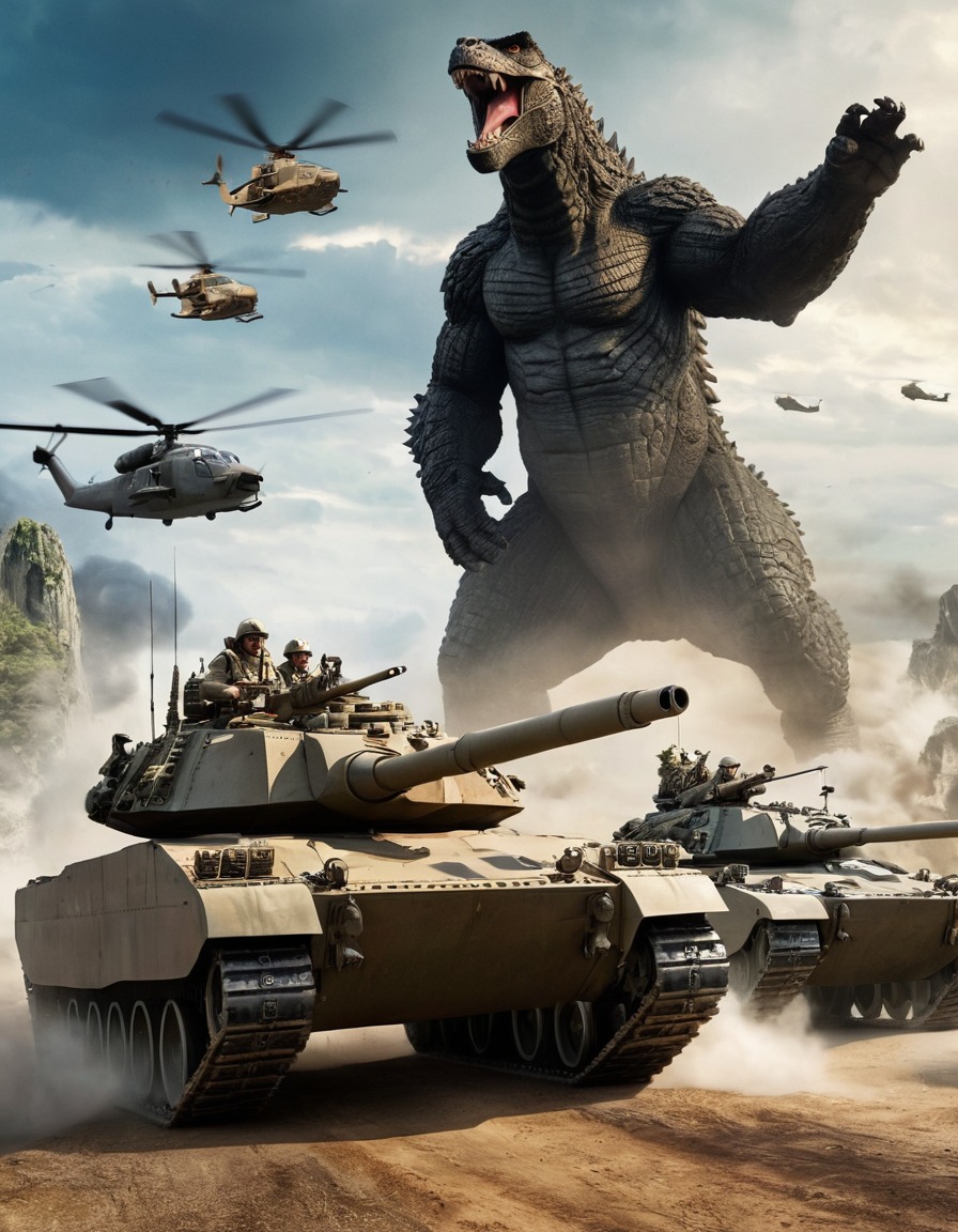 military, godzilla, king kong, tanks, helicopters, kong