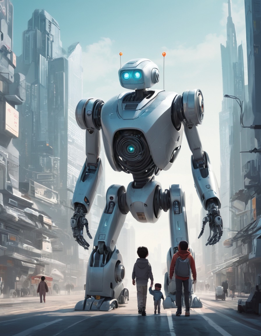 futuristic, cityscape, robots, family, walking