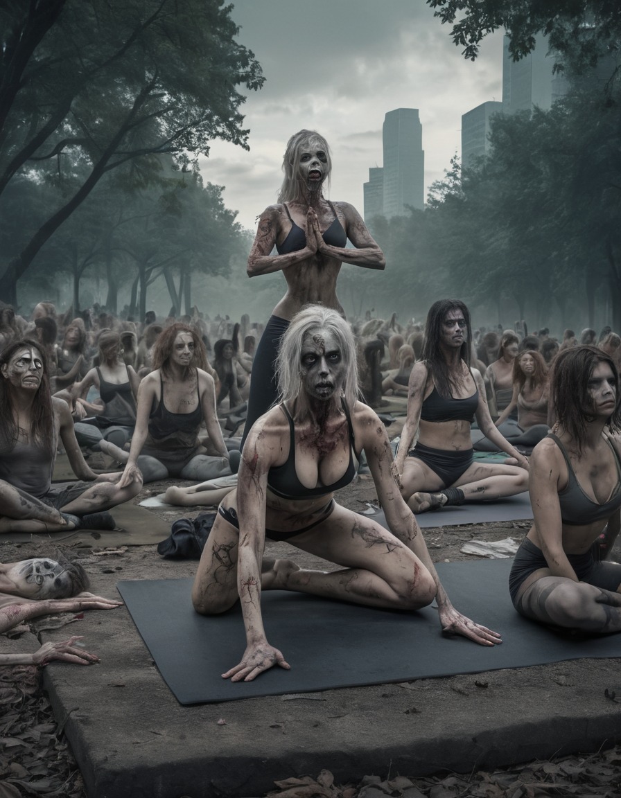 zombie, yoga, post-apocalyptic, city park