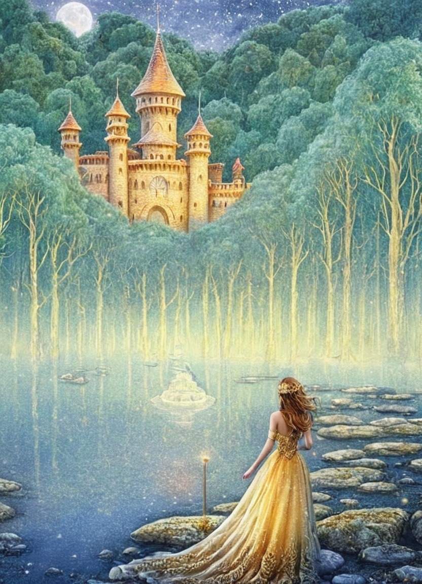 magic, fantasyart, medieval, fairytale, traditionalart, forest, fairy, castle, princess, watercolour, lake, moon, night, nightscene, rock, rocks, trees, twilight, woods, yellow, yellowdress