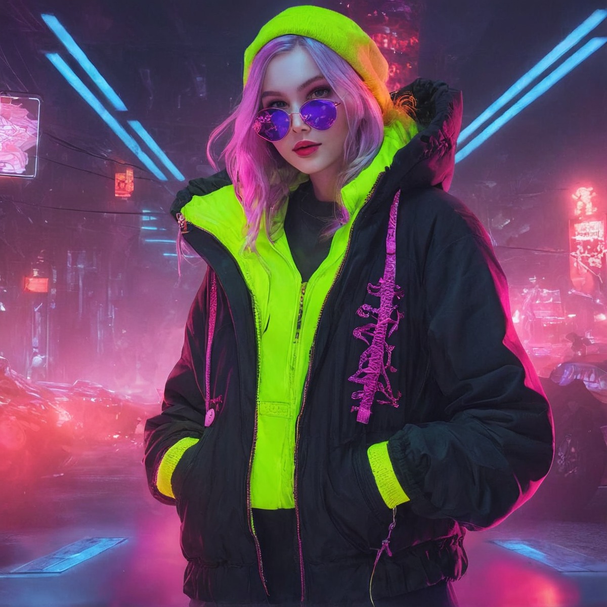 digitalart, characterdesign, videogamefanart, digitalpainting, cyberpunk, neon, dreamup, fanart, cartoon, scifi, conceptart, sweaterweather, ai_art