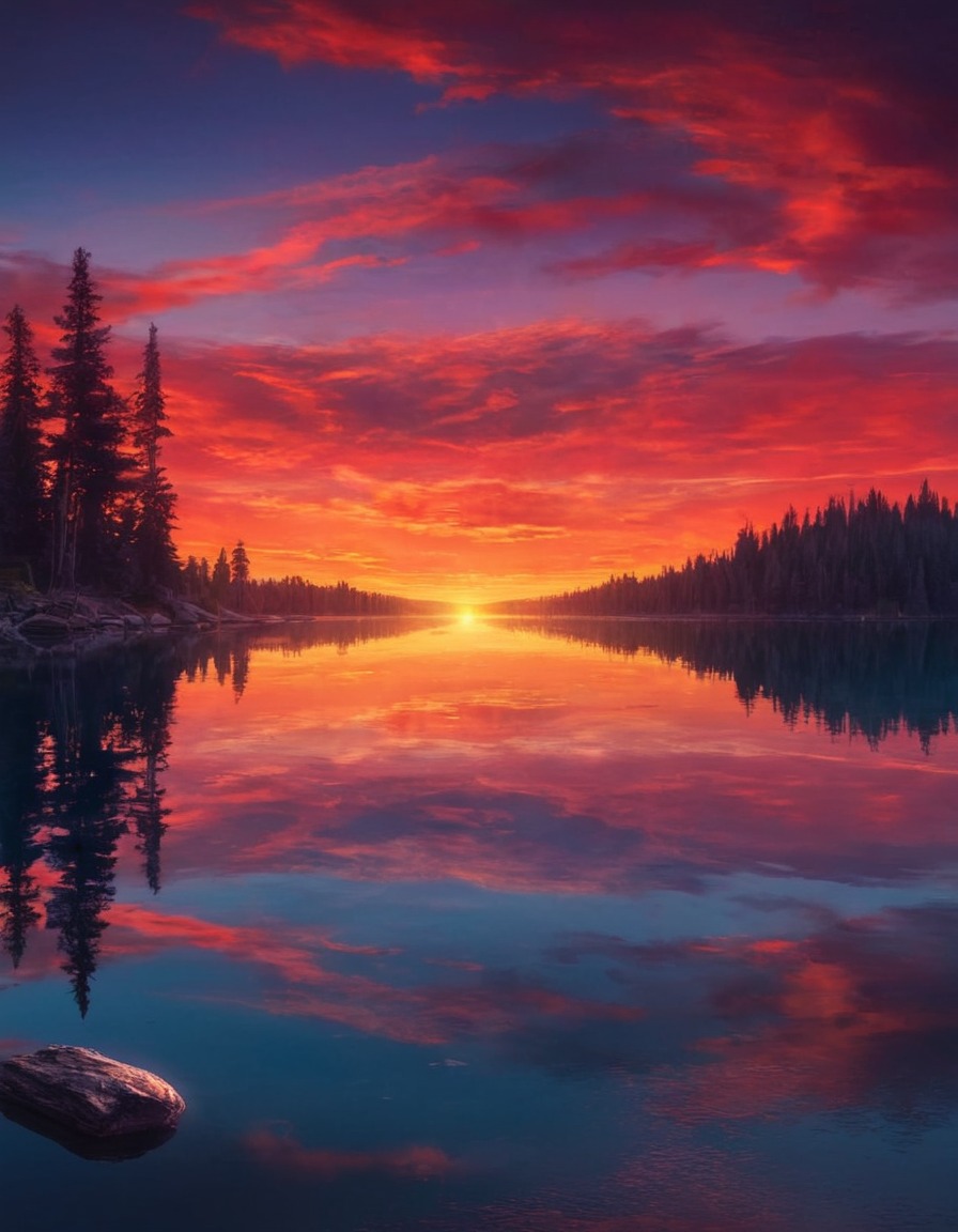 sunset, lake, reflection, vibrant colors, serene