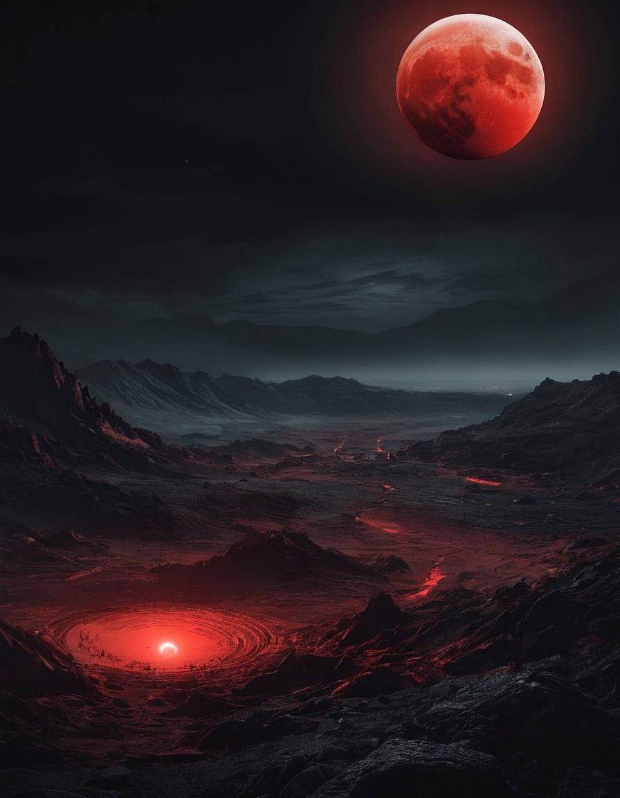 moon, blood red, eerie, desolate landscape, night sky, gothic, underground, dark