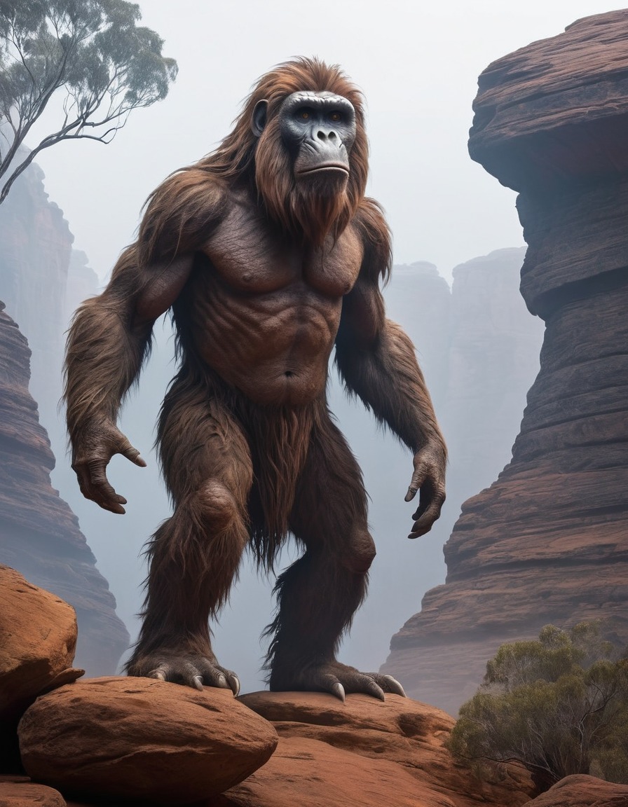 yowie, australian folklore, mythical creature, outback, rock formations, mist, australia