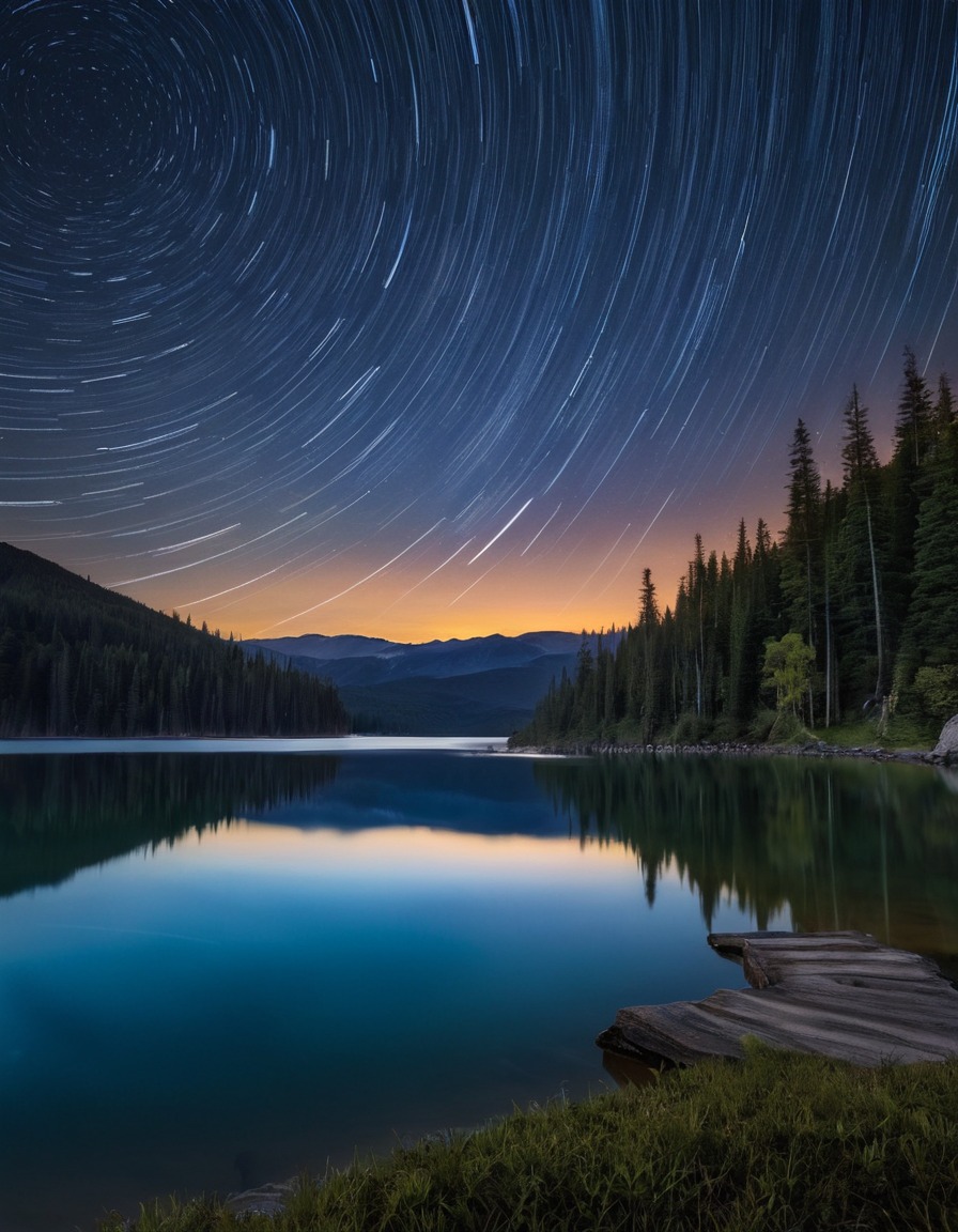 night sky, star trails, long exposure photography, reflection, lake