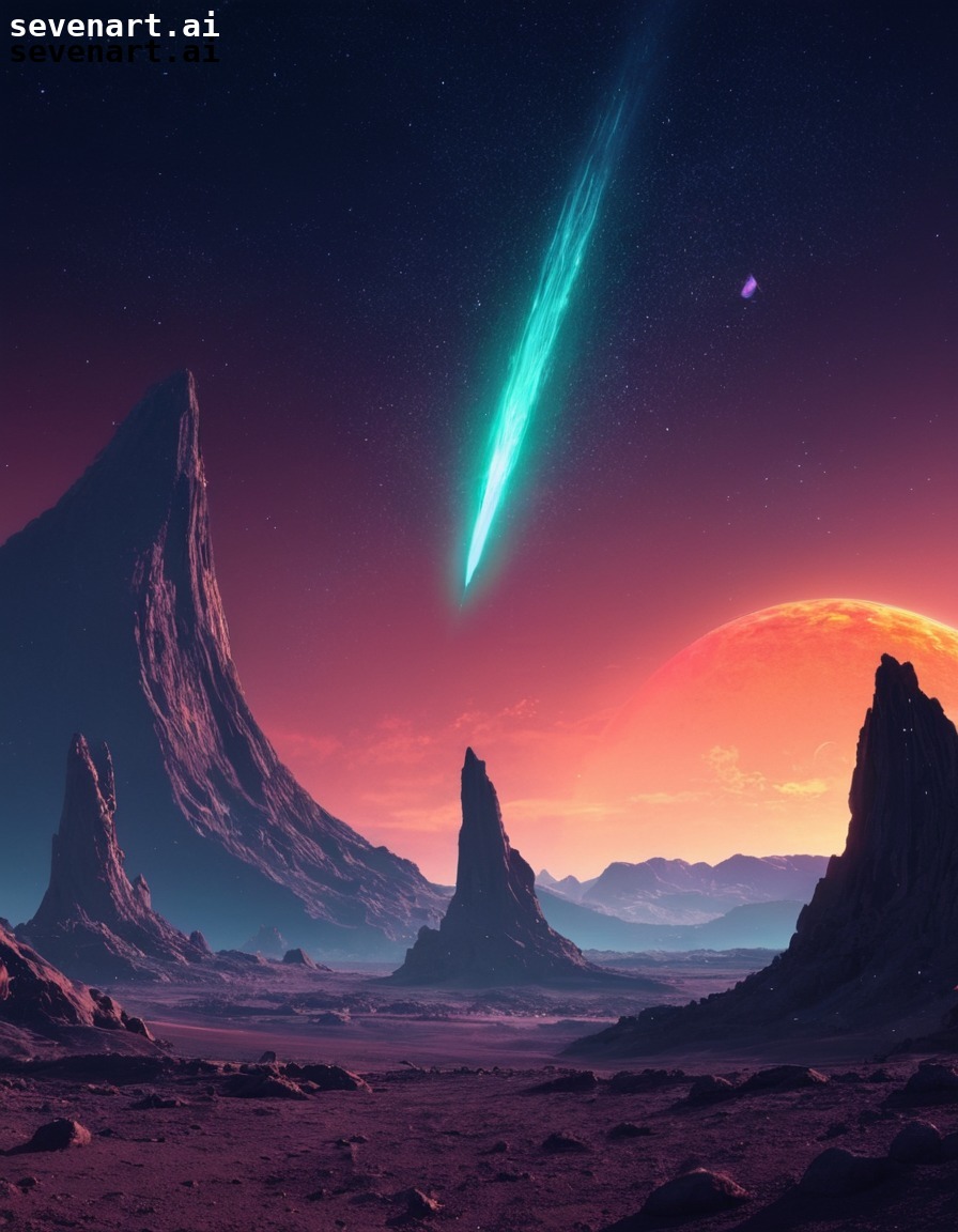 alien world, multiple moons, bright comet, fantastical landscape, outer space, space, stars